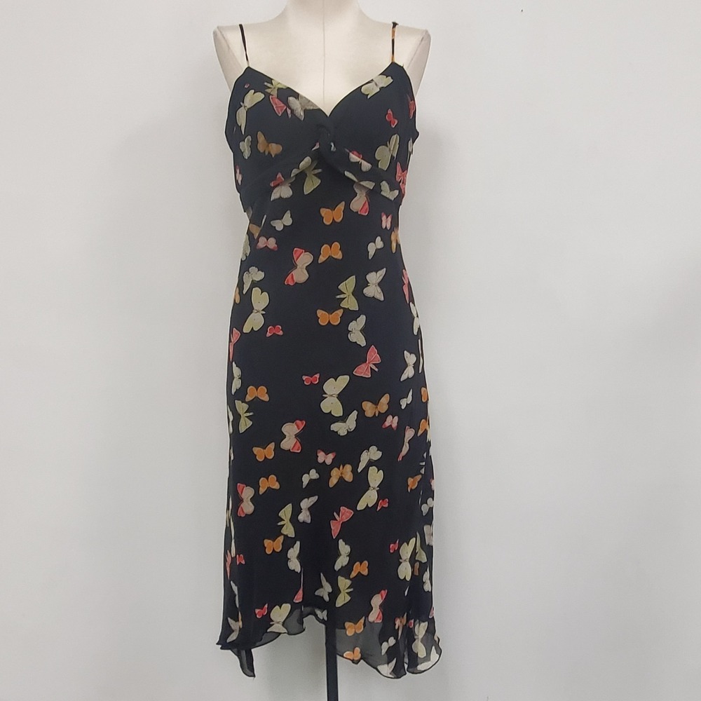 Max & Cleo Womens Silk Y2K Babydoll Asymmetric Dress Size S Black Butterfly